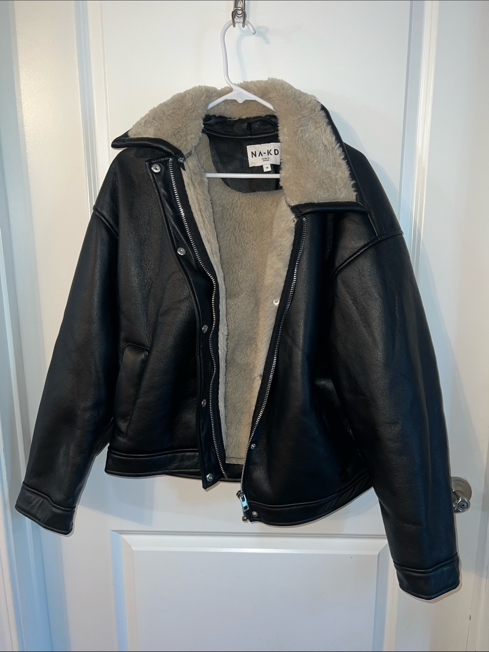 NA-KD Black Faux Leather Aviator Jacket with Cream Sherpa Lining